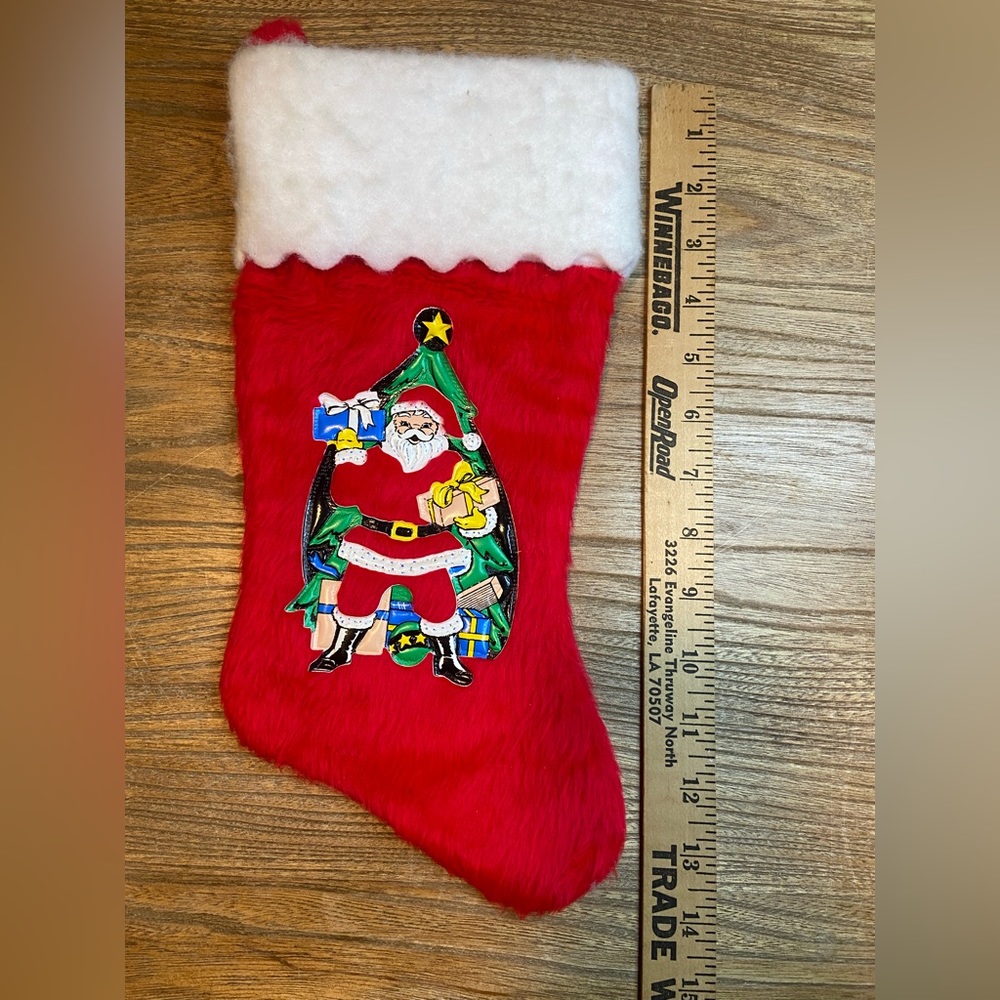 Vintage Red/White Furry Christmas Stocking W/Plastic Santa Graphic - Picture 4 of 6
